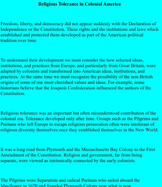 Religious Tolerance in Colonial America Handout Religious Tolerance in Colonial America Handout