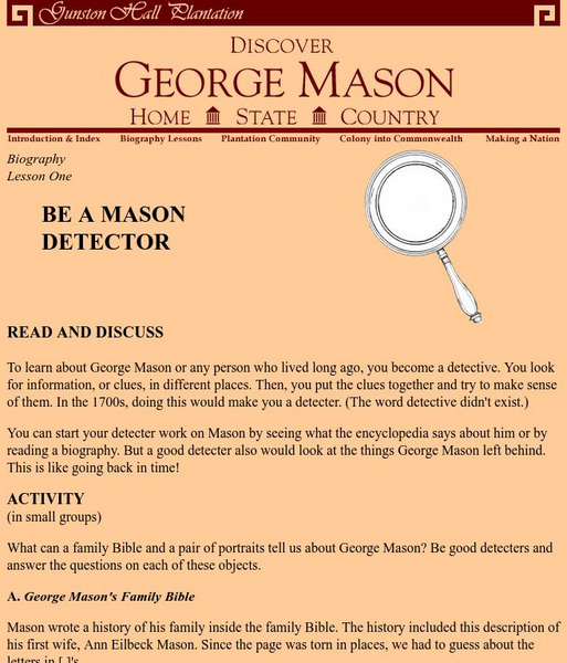 Gunston Hall Plantation: Be a Mason Detector Lesson Plan Gunston Hall Plantation: Be a Mason Detector Lesson Plan