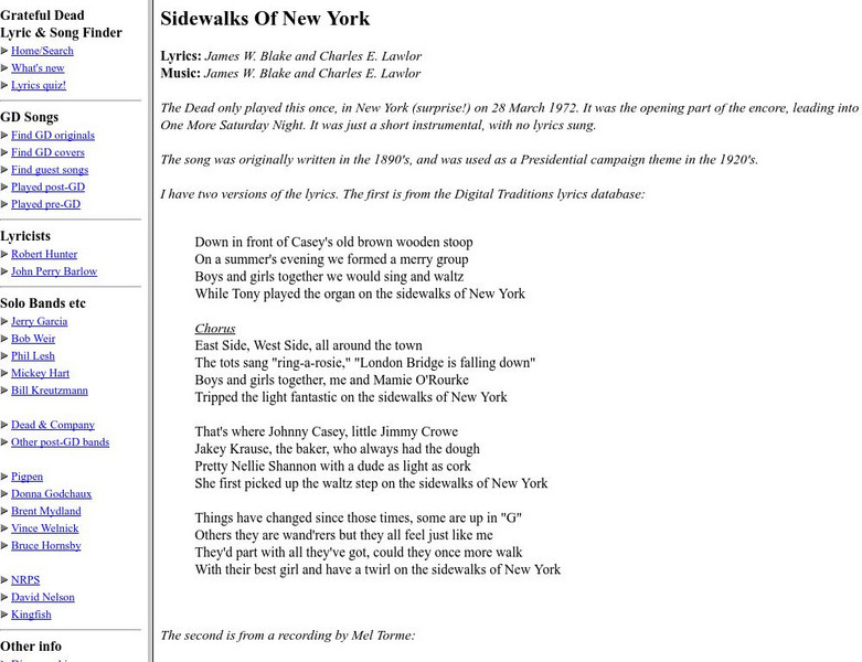Grateful Dead Lyric and Song Finder: Lyrics to "Sidewalks of New York" Handout