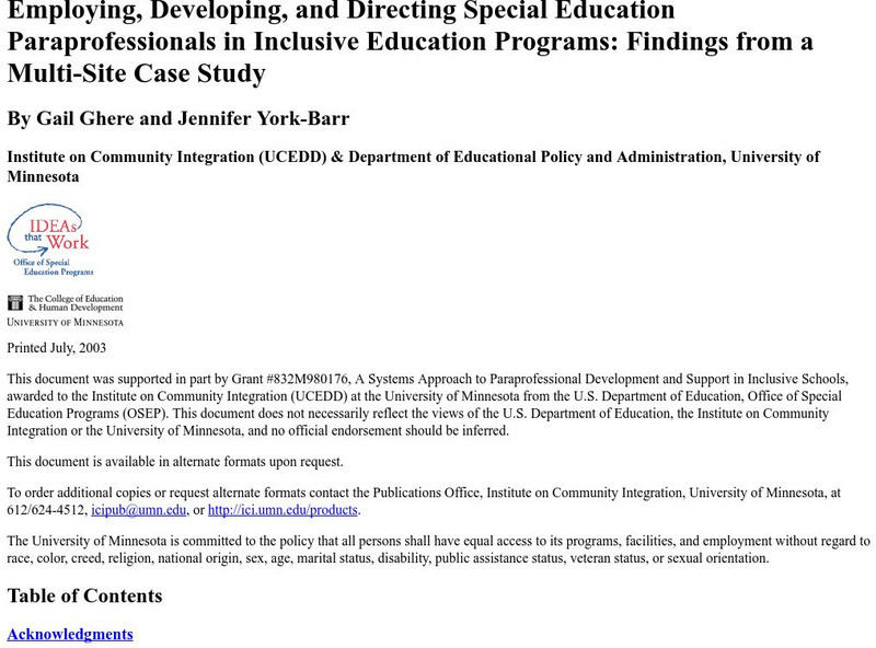 University of Minnesota: Paraprofessionals in Inclusive Education Programs Professional Doc University of Minnesota: Paraprofessionals in Inclusive Education Programs Professional Doc