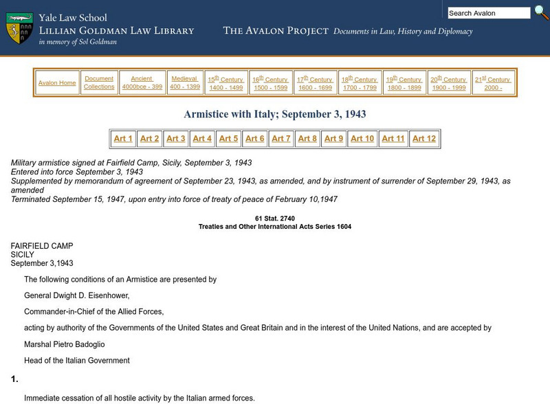 Yale Law School: Armistice With Italy, September 3, 1943 Primary