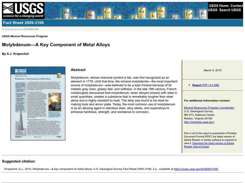 Usgs: Fact Sheet: Molybdenum a Key Component of Metal Alloys [Pdf] Handout