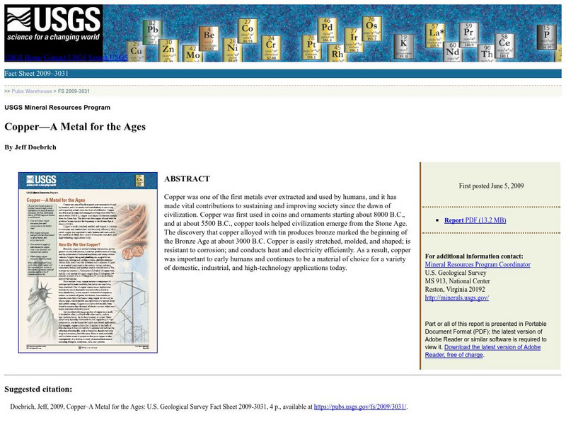 U.s. Geological Survey: Copper a Metal for the Ages [Pdf] Handout