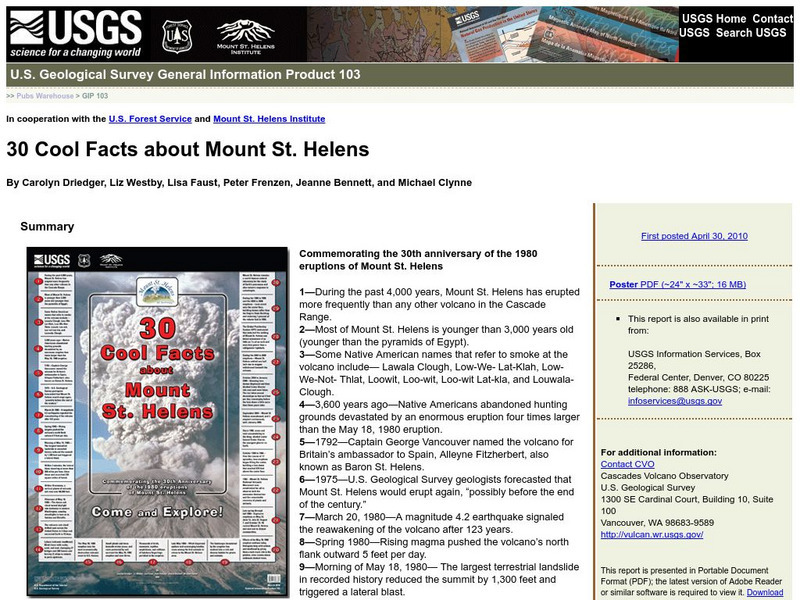U.s. Geological Survey: 30 Cool Facts About Mount St. Helens Handout U.s. Geological Survey: 30 Cool Facts About Mount St. Helens Handout