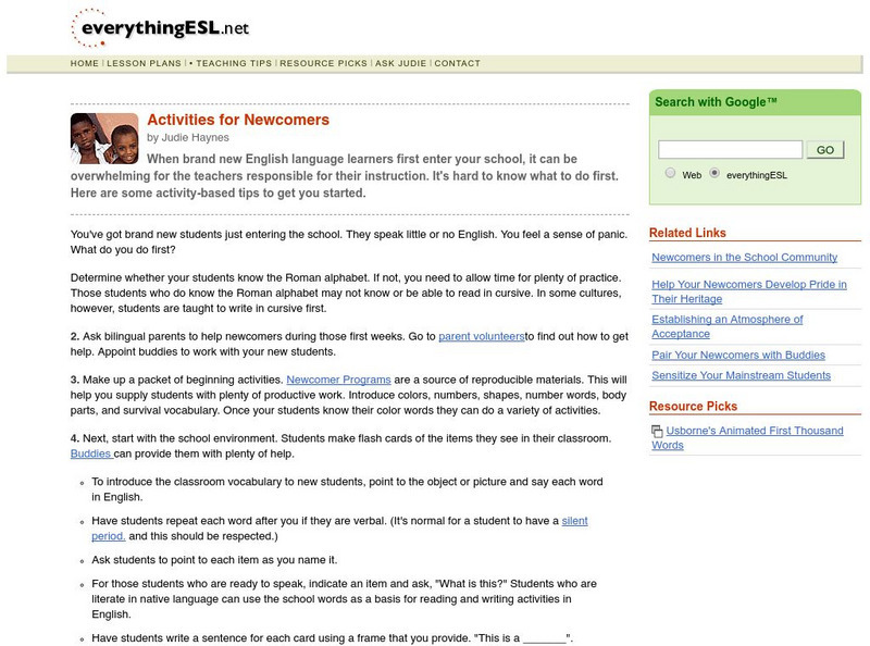 Everything Esl: Activities for Newcomers Activity Everything Esl: Activities for Newcomers Activity