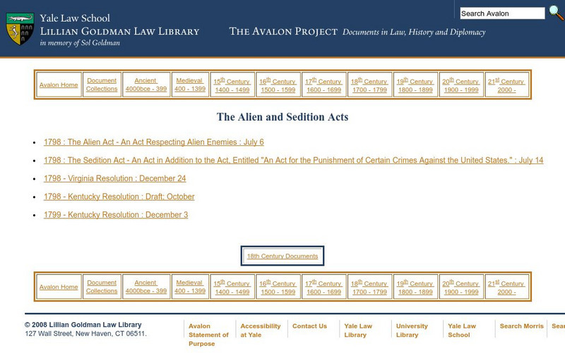 Avalon Project: Alien and Sedition Acts Primary
