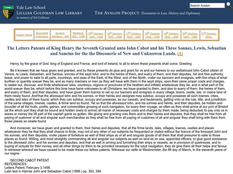 Avalon Project: Letters Patents of King Henry Vii Granted Unto John Cabot Primary Avalon Project: Letters Patents of King Henry Vii Granted Unto John Cabot Primary