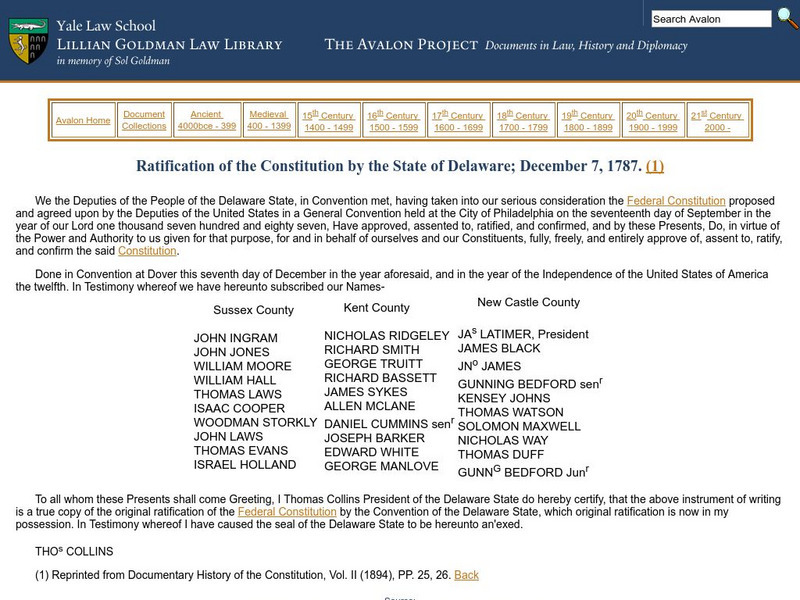 Avalon Project: Ratification of the Constitution by the State of Delaware Primary Avalon Project: Ratification of the Constitution by the State of Delaware Primary