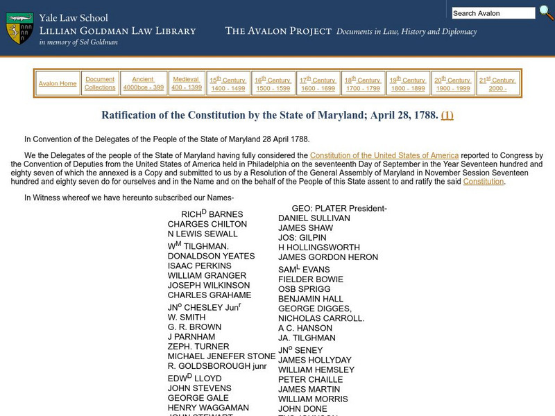 Avalon Project: Ratification of the Constitution by the State of Maryland Primary Avalon Project: Ratification of the Constitution by the State of Maryland Primary