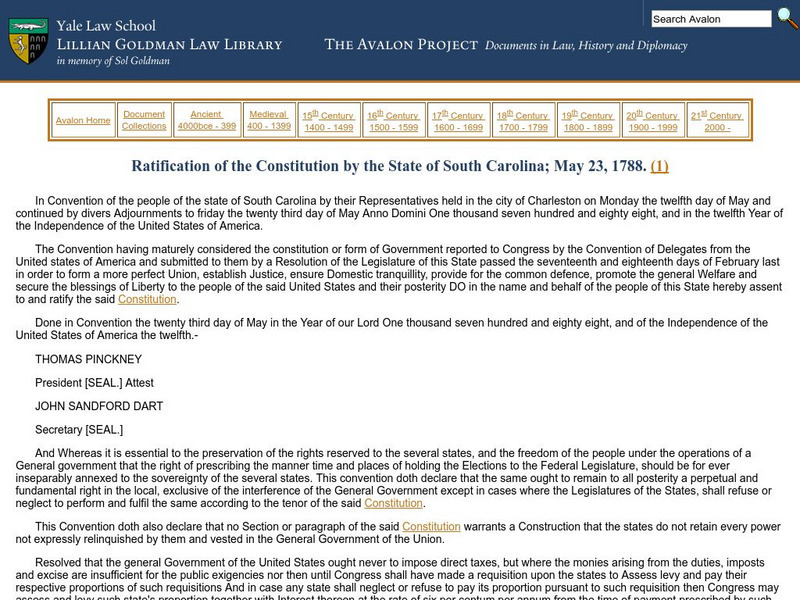 Avalon Project: Ratification of the Constitution by the State of South Carolina Primary Avalon Project: Ratification of the Constitution by the State of South Carolina Primary