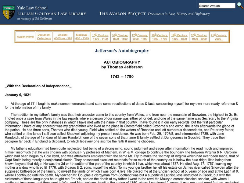 Yale: Autobiograpy of Thomas Jefferson Website Yale: Autobiograpy of Thomas Jefferson Website