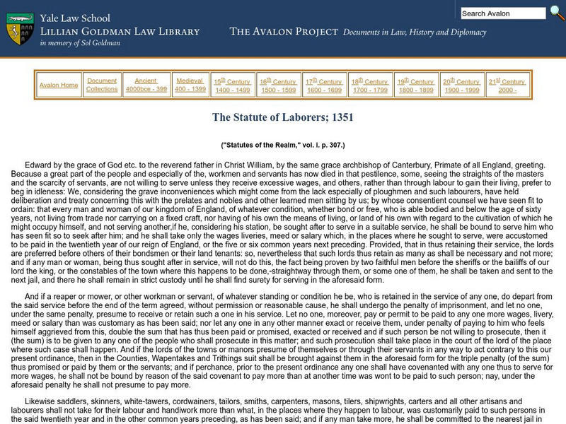 The Statute of Laborers King Edward Iii 1351 Primary The Statute of Laborers King Edward Iii 1351 Primary