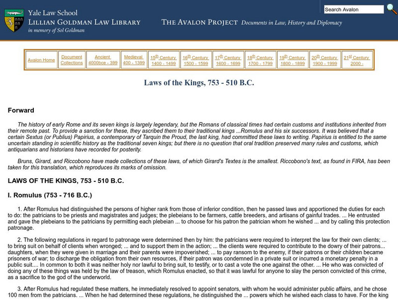 Avalon Project at Yale Law School: Laws of the Kings, 753 510 Bc Primary