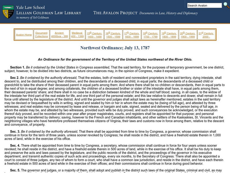 Avalon Project: Northwest Ordinance; July 13, 1787 Primary Avalon Project: Northwest Ordinance; July 13, 1787 Primary