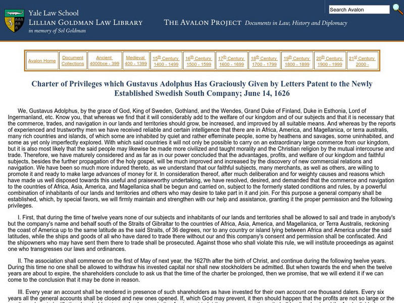 Avalon Project: Charter of Privileges to Swedish South Company; June 14, 1626 Primary Avalon Project: Charter of Privileges to Swedish South Company; June 14, 1626 Primary