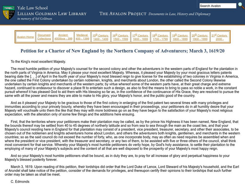 The Charter of New England:1620 Primary The Charter of New England:1620 Primary