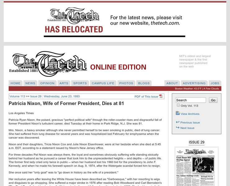 Mit: The Tech: Patricia Nixon, Wife of Former President Dies at 81 Article Mit: The Tech: Patricia Nixon, Wife of Former President Dies at 81 Article