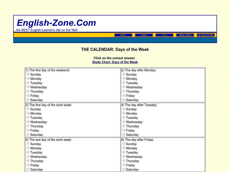 English Zone: The Calendar: Days of the Week Unknown Type English Zone: The Calendar: Days of the Week Unknown Type