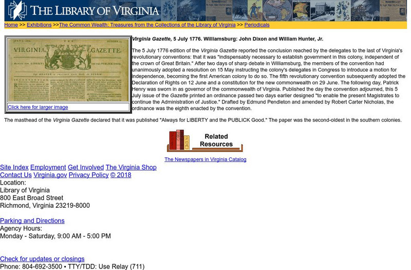 Treasures From the Collection of the Library of Virginia: Virginia Gazette Primary Treasures From the Collection of the Library of Virginia: Virginia Gazette Primary