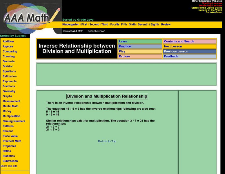 Aaa Math: Inverse Relationship Between Multiplication & Division Activity Aaa Math: Inverse Relationship Between Multiplication & Division Activity