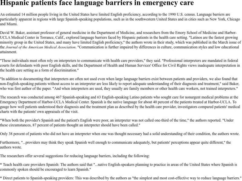 Hispanic Patients Face Language Barriers in Emergencies Article Hispanic Patients Face Language Barriers in Emergencies Article