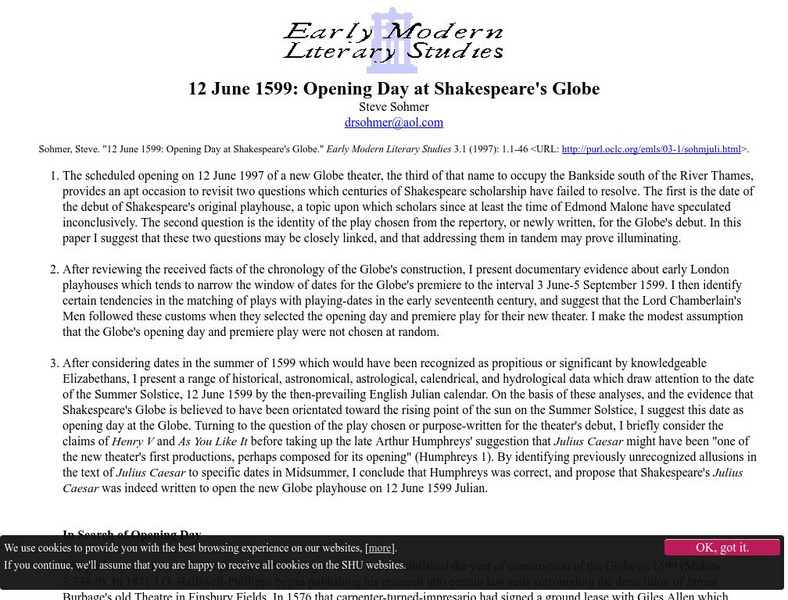 Early Modern Literary Studies/globe Theatre Primary Early Modern Literary Studies/globe Theatre Primary