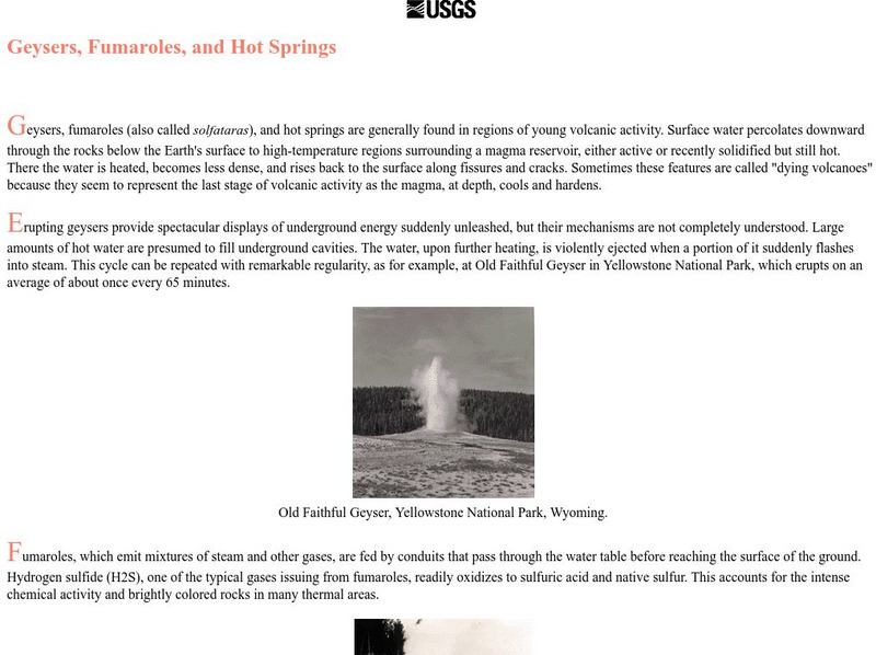 Usgs: Geysers, Fumaroles, and Hot Springs Handout Usgs: Geysers, Fumaroles, and Hot Springs Handout