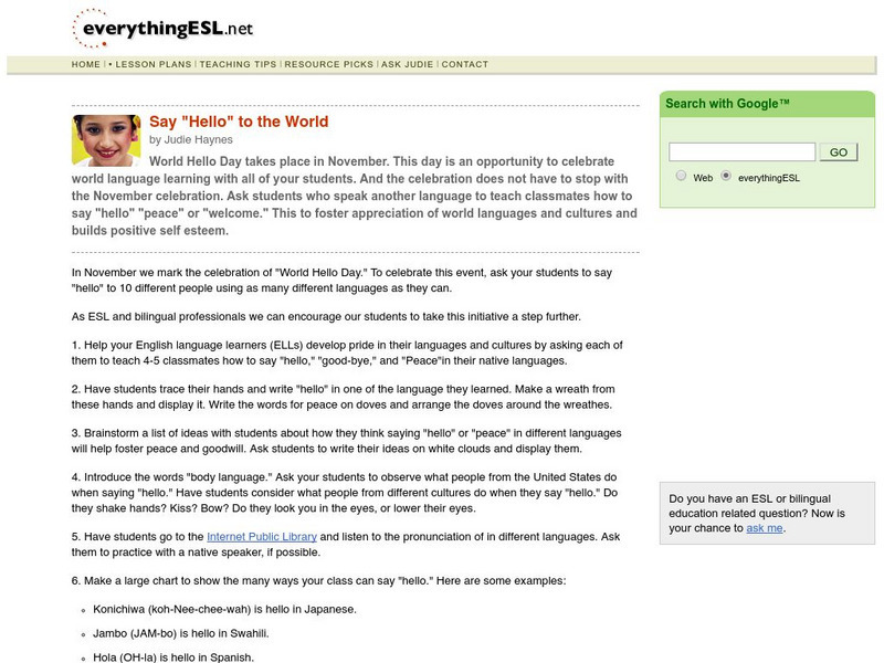 Everything Esl: Say "Hello" to the World Lesson Plan Everything Esl: Say "Hello" to the World Lesson Plan