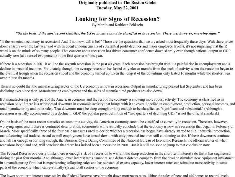Nber: Looking for Signs of Recession? Article Nber: Looking for Signs of Recession? Article