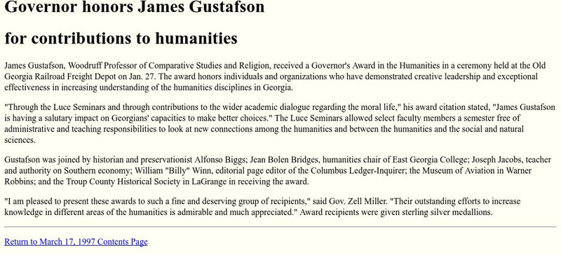 Governor Honors James Gustafson for Contributions Article