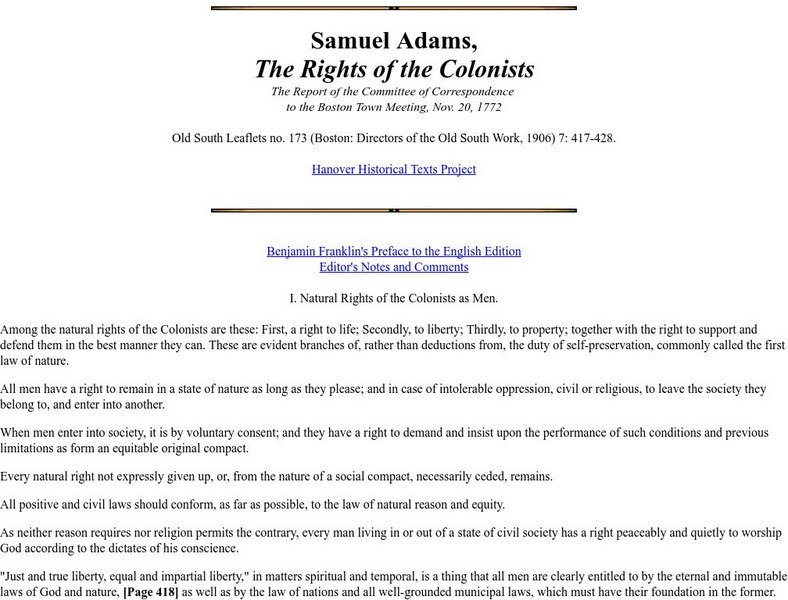Hanover College: The Rights of the Colonists Primary Hanover College: The Rights of the Colonists Primary