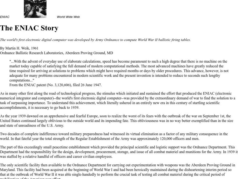 U. S. Army Research Laboratory: The Eniac Story Article U. S. Army Research Laboratory: The Eniac Story Article
