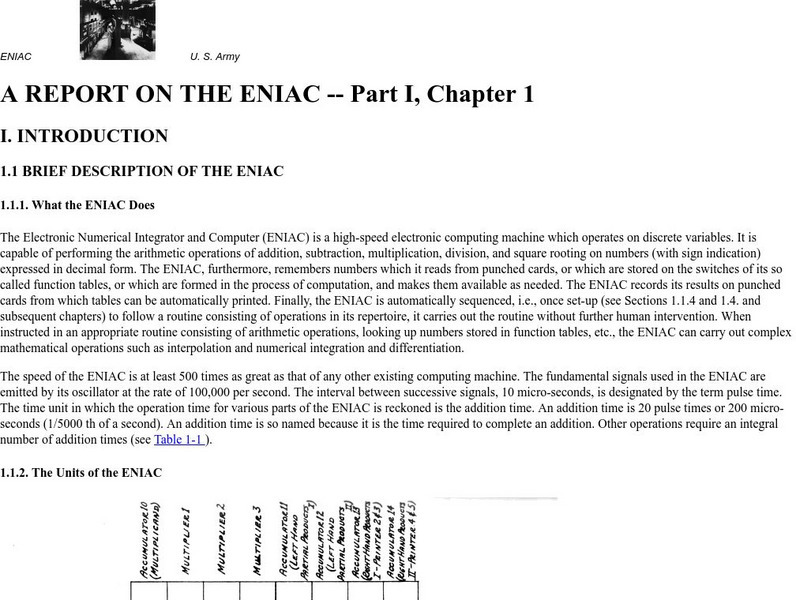 U.s. Army: A Report on the Eniac Primary U.s. Army: A Report on the Eniac Primary