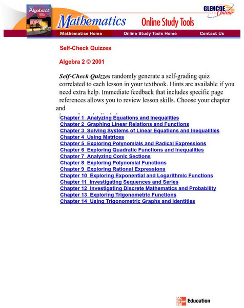 Glencoe Online: Algebra 2 Lesson by Lesson Quizzes Unknown Type Glencoe Online: Algebra 2 Lesson by Lesson Quizzes Unknown Type