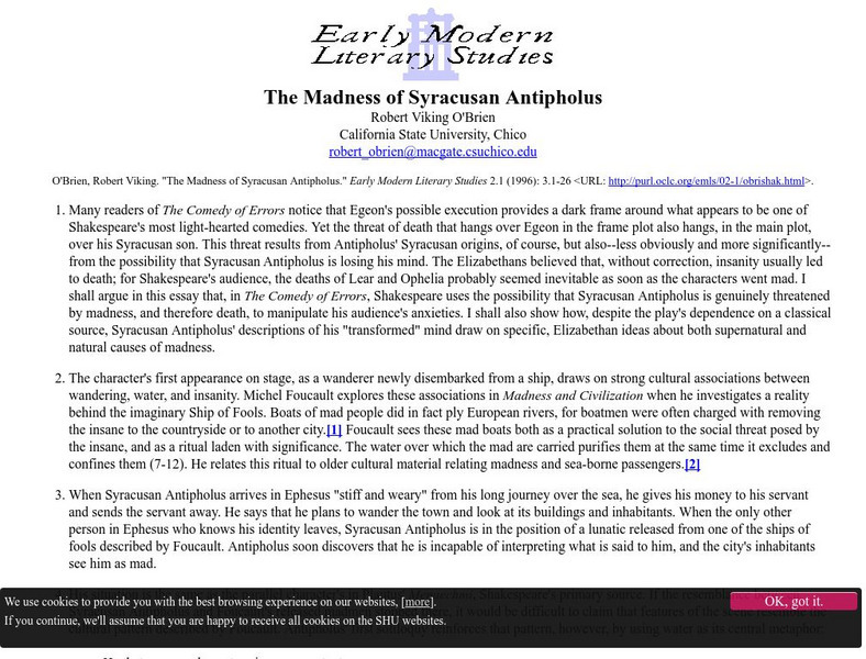 The Madness of Syracusan Antipholus Article