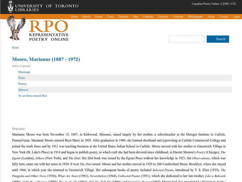 University of Toronto: Poetry of Marianne Moore Activity University of Toronto: Poetry of Marianne Moore Activity