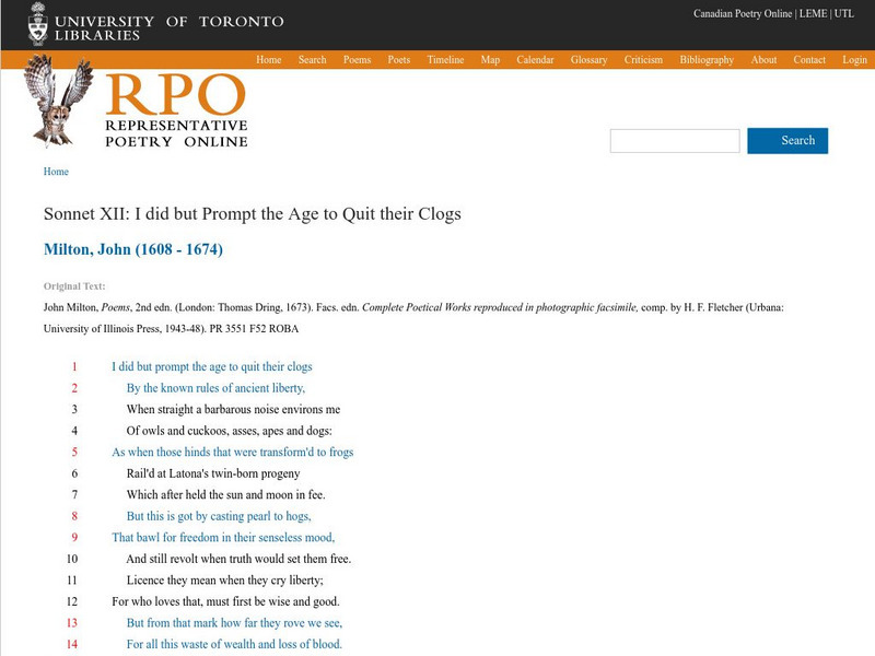 University of Toronto: John Milton Sonnet Xii Activity University of Toronto: John Milton Sonnet Xii Activity