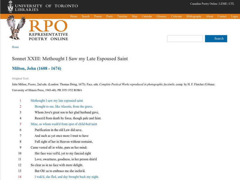 University of Toronto: John Milton Sonnet Xxiii Activity University of Toronto: John Milton Sonnet Xxiii Activity