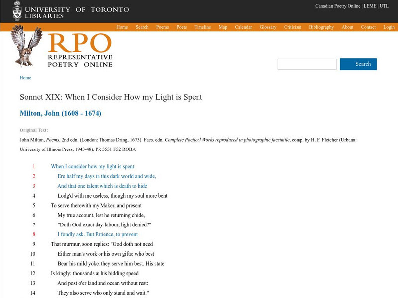 University of Toronto: John Milton Sonnet Xix Activity University of Toronto: John Milton Sonnet Xix Activity