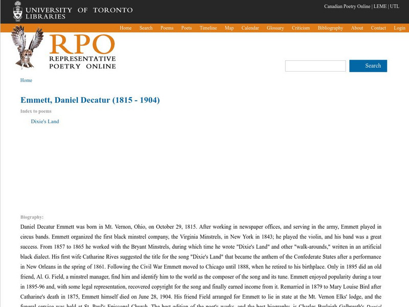 University of Toronto: Daniel Decatur Emmett Website University of Toronto: Daniel Decatur Emmett Website