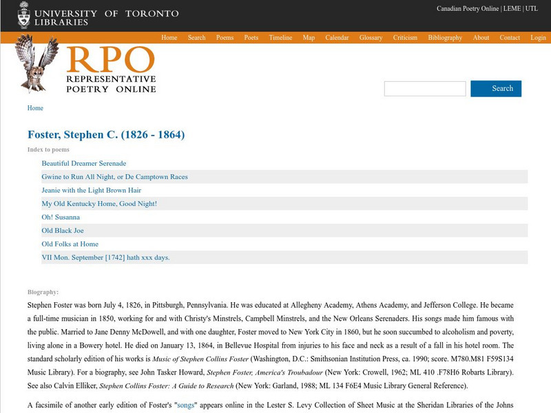 University of Toronto: Selected Poetry of Stephen C. Foster Website University of Toronto: Selected Poetry of Stephen C. Foster Website