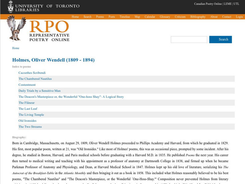 University of Toronto: Selected Poetry of Oliver Wendell Holmes Primary University of Toronto: Selected Poetry of Oliver Wendell Holmes Primary