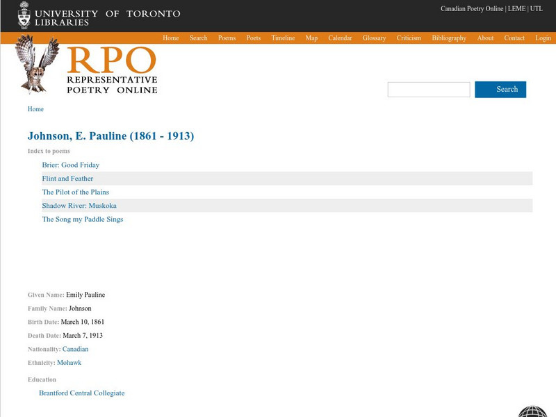 Selected Poetry of E. Pauline Johnson (1861 1913) Primary Selected Poetry of E. Pauline Johnson (1861 1913) Primary