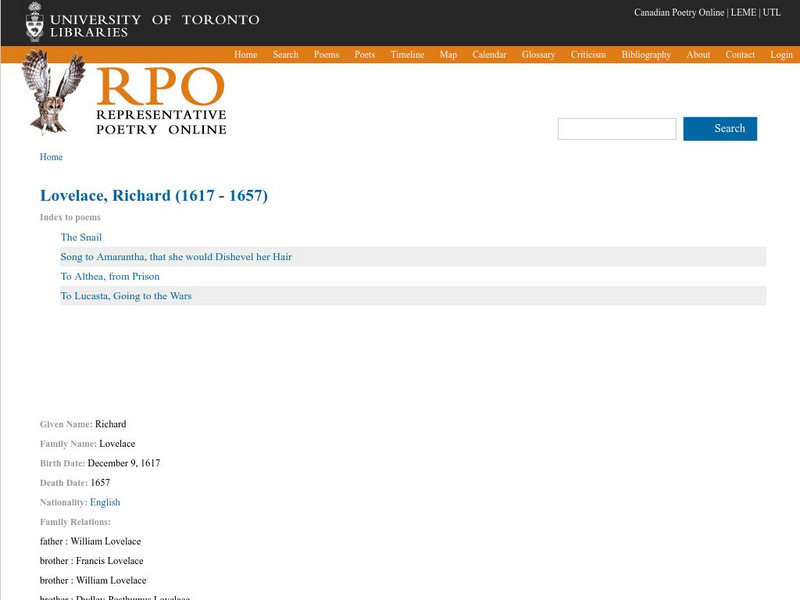 University of Toronto: Poetry of Richard Lovelace Handout University of Toronto: Poetry of Richard Lovelace Handout