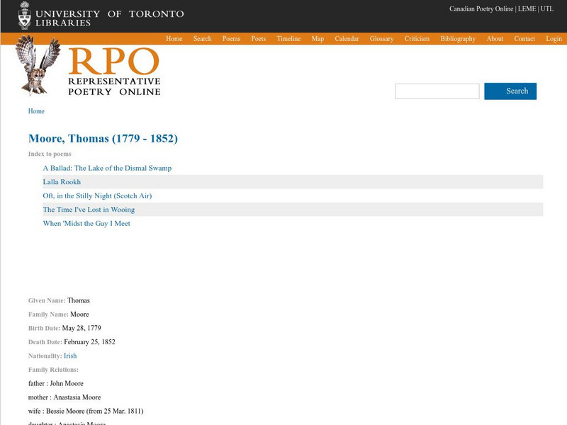 University of Toronto: Selected Poetry of Thomas Moore Handout University of Toronto: Selected Poetry of Thomas Moore Handout