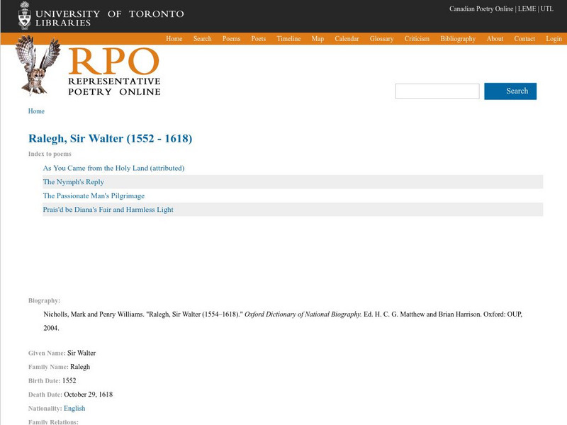 University of Toronto: Poetry of Sir Walter Raleigh Handout University of Toronto: Poetry of Sir Walter Raleigh Handout