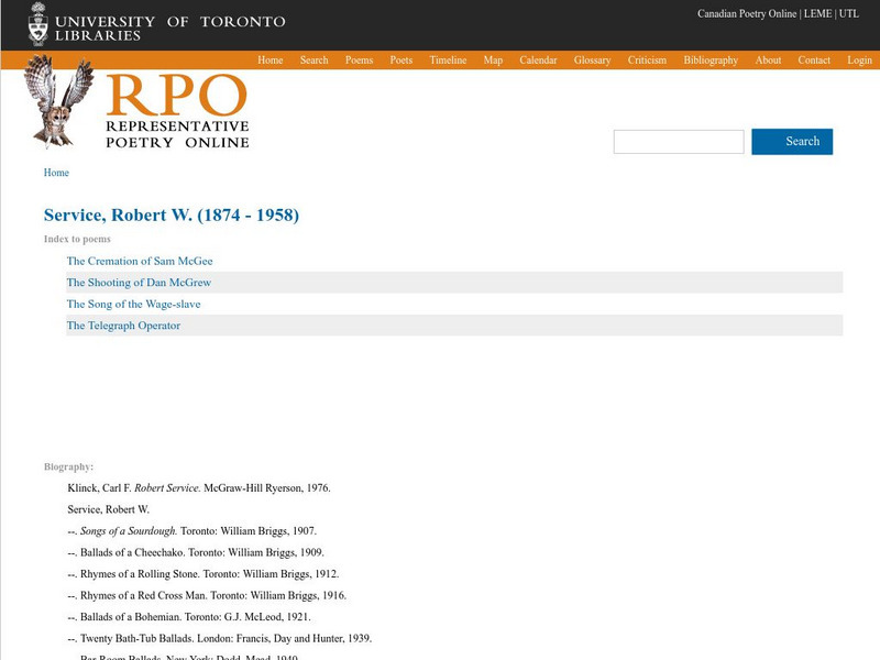 Univ. Of Toronto: Selected Poetry of Robert W. Service Activity Univ. Of Toronto: Selected Poetry of Robert W. Service Activity