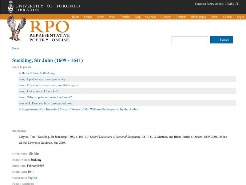 University of Toronto: Poetry of Sir John Suckling Handout University of Toronto: Poetry of Sir John Suckling Handout