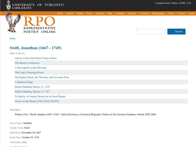 University of Toronto: Poetry of Jonathan Swift Handout University of Toronto: Poetry of Jonathan Swift Handout