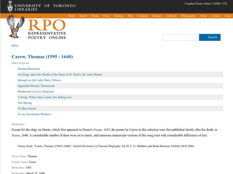 University of Toronto: Selected Poetry of Thomas Carew Handout University of Toronto: Selected Poetry of Thomas Carew Handout